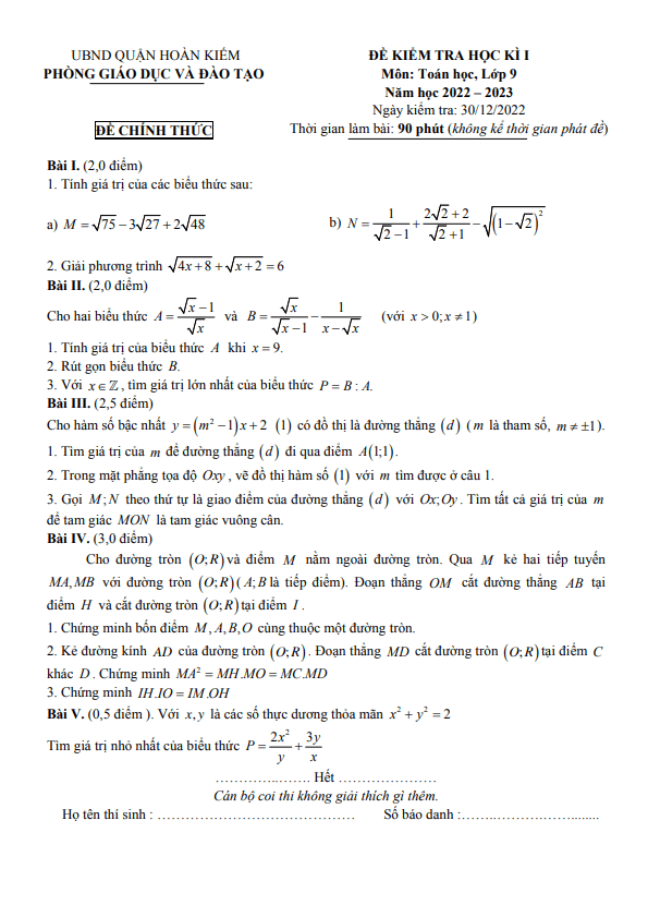 Đề học kì 1 Toán 9 năm 2022 – 2023 phòng GD&ĐT Hoàn Kiếm – Hà Nội