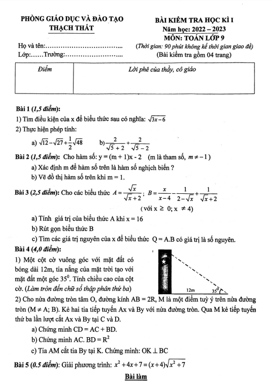 Đề học kì 1 Toán 9 năm 2022 – 2023 phòng GD&ĐT Thạch Thất – Hà Nội