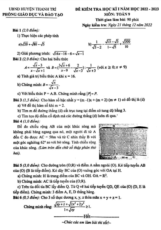 Đề học kì 1 Toán 9 năm 2022 – 2023 phòng GD&ĐT Thanh Trì – Hà Nội