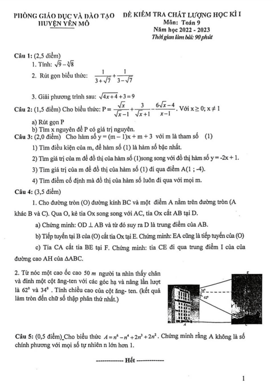 Đề học kì 1 Toán 9 năm 2022 – 2023 phòng GD&ĐT Yên Mô – Ninh Bình