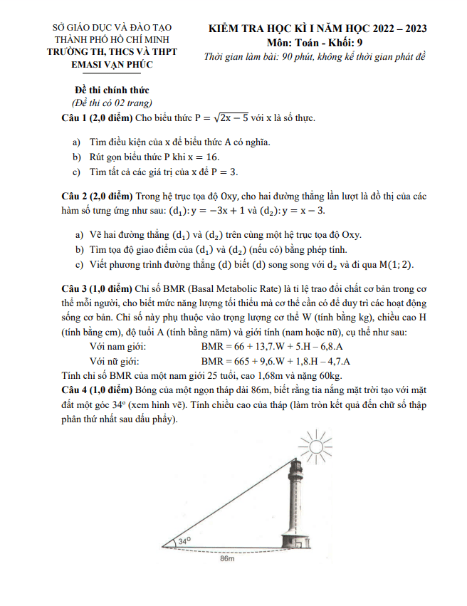 Đề học kì 1 Toán 9 năm 2022 – 2023 trường Emasi Vạn Phúc – TP HCM