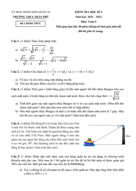 Đề học kì 1 Toán 9 năm 2022 – 2023 trường THCS Trần Phú – TP HCM