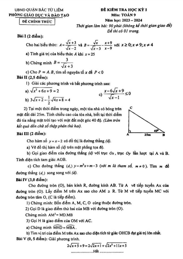 Đề học kì 1 Toán 9 năm 2023 – 2024 phòng GD&ĐT Bắc Từ Liêm – Hà Nội