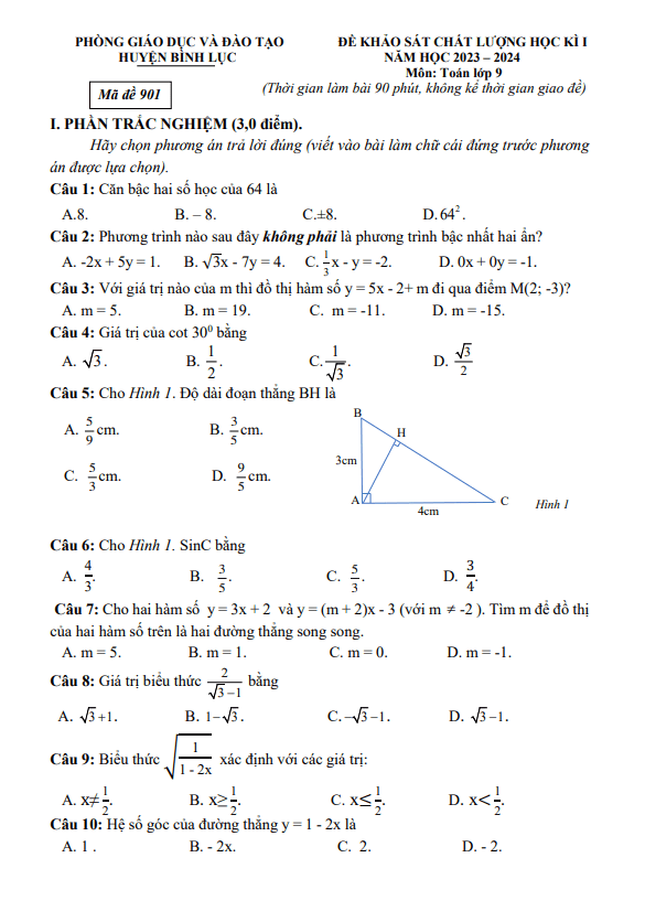 Đề học kì 1 Toán 9 năm 2023 – 2024 phòng GD&ĐT Bình Lục – Hà Nam