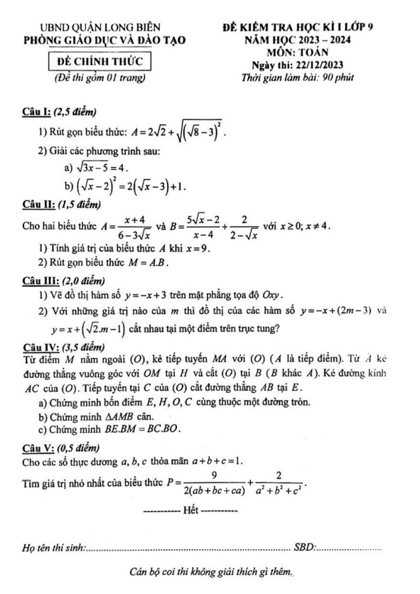 Đề học kì 1 Toán 9 năm 2023 – 2024 phòng GD&ĐT Long Biên – Hà Nội
