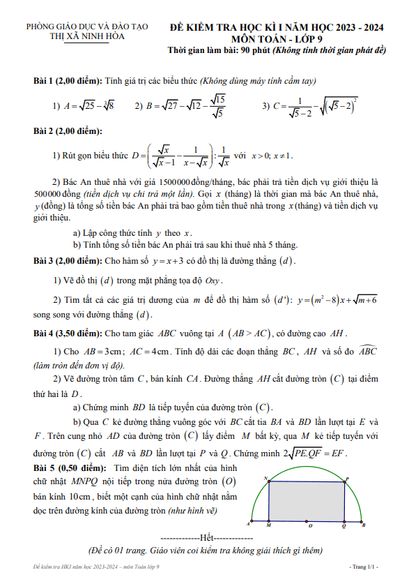 Đề học kì 1 Toán 9 năm 2023 – 2024 phòng GD&ĐT Ninh Hòa – Khánh Hòa
