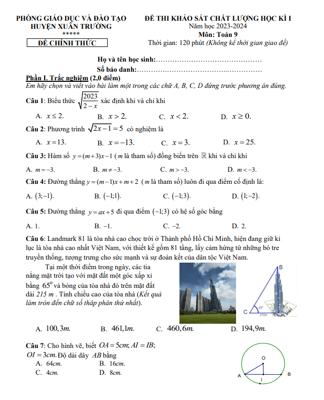 Đề học kì 1 Toán 9 năm 2023 – 2024 phòng GD&ĐT Xuân Trường – Nam Định