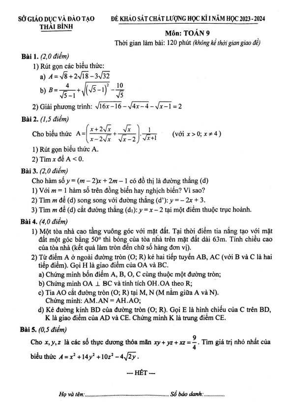 Đề học kì 1 Toán 9 năm 2023 – 2024 sở GD&ĐT Thái Bình
