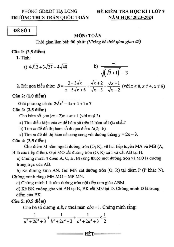 Đề học kì 1 Toán 9 năm 2023 – 2024 trường THCS Trần Quốc Toản – Quảng Ninh