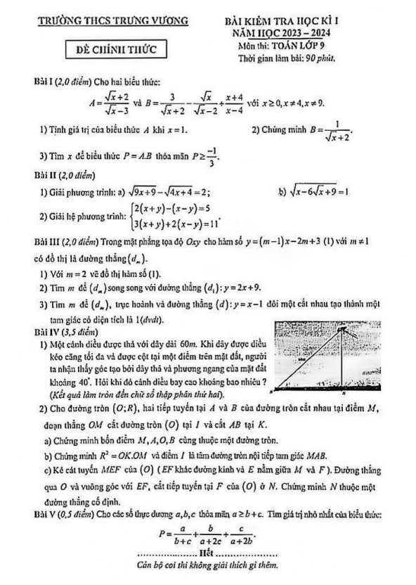 Đề học kì 1 Toán 9 năm 2023 – 2024 trường THCS Trưng Vương – Hà Nội