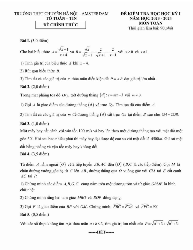 Đề học kì 1 Toán 9 năm 2023 – 2024 trường THPT chuyên Hà Nội – Amsterdam