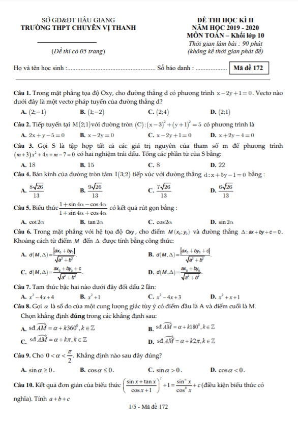 Đề học kì 2 Toán 10 năm 2019 – 2020 trường THPT chuyên Vị Thanh – Hậu Giang