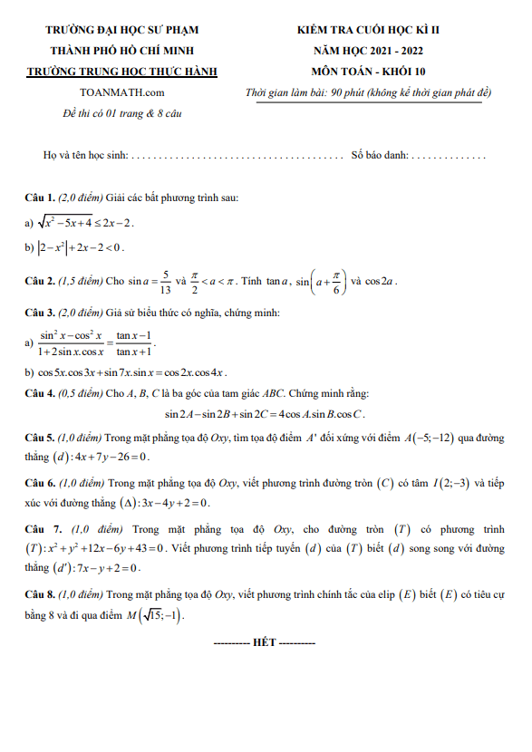 Đề học kì 2 Toán 10 năm 2021 – 2022 trường Trung học Thực hành ĐHSP – TP HCM