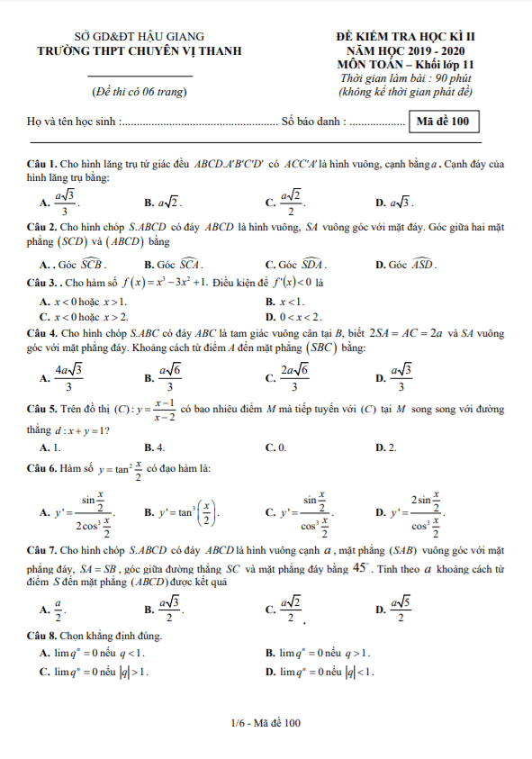 Đề học kì 2 Toán 11 năm 2019 – 2020 trường THPT chuyên Vị Thanh – Hậu Giang