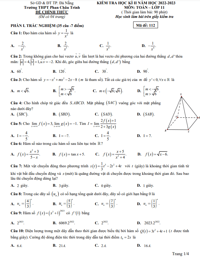 Đề học kì 2 Toán 11 năm 2022 – 2023 trường THPT Phan Châu Trinh – Đà Nẵng