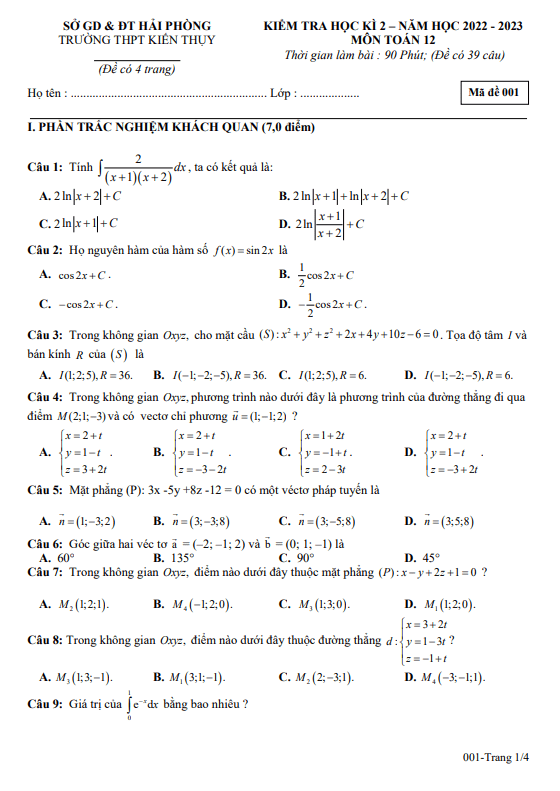 Đề học kì 2 Toán 12 năm 2022 – 2023 trường THPT Kiến Thụy – Hải Phòng