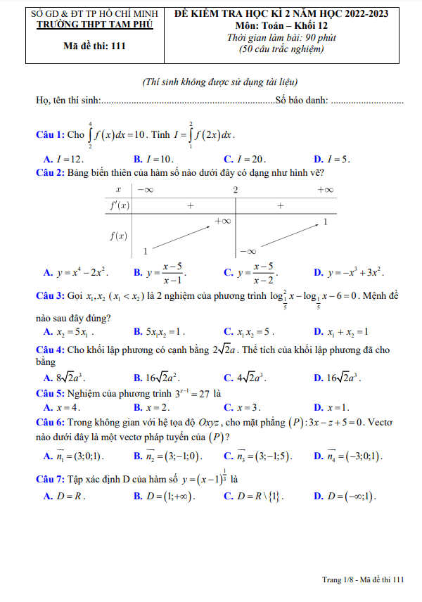 Đề học kì 2 Toán 12 năm 2022 – 2023 trường THPT Tam Phú – TP HCM