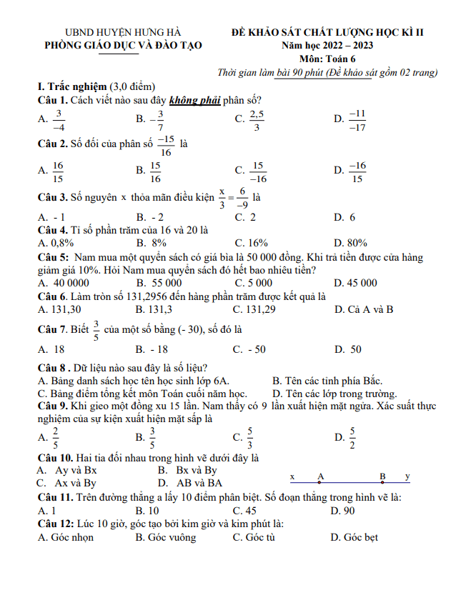 Đề học kì 2 Toán 6 năm 2022 – 2023 phòng GD&ĐT Hưng Hà – Thái Bình