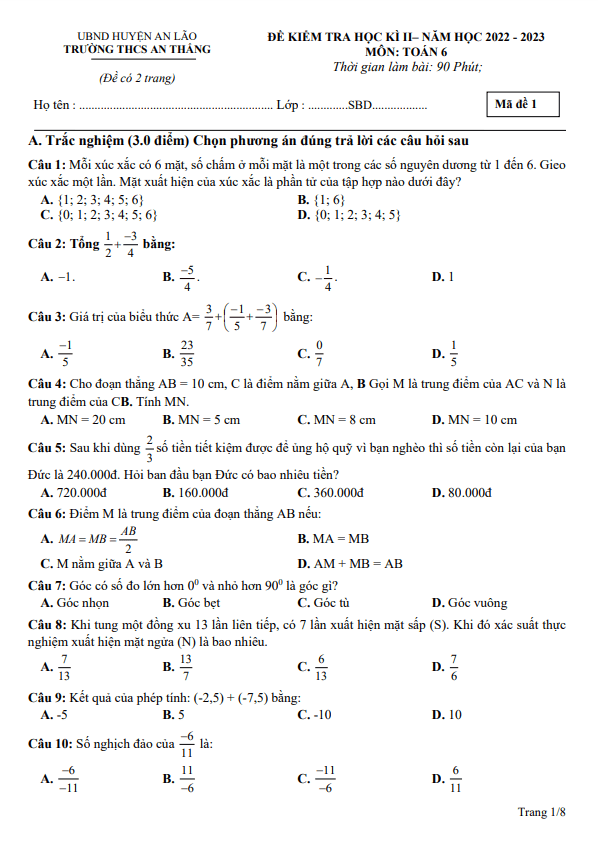 Đề học kì 2 Toán 6 năm 2022 – 2023 trường THCS An Thắng – Hải Phòng