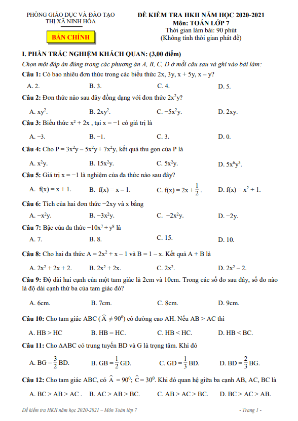 Đề học kì 2 Toán 7 năm 2020 – 2021 phòng GD&ĐT thị xã Ninh Hòa – Khánh Hòa