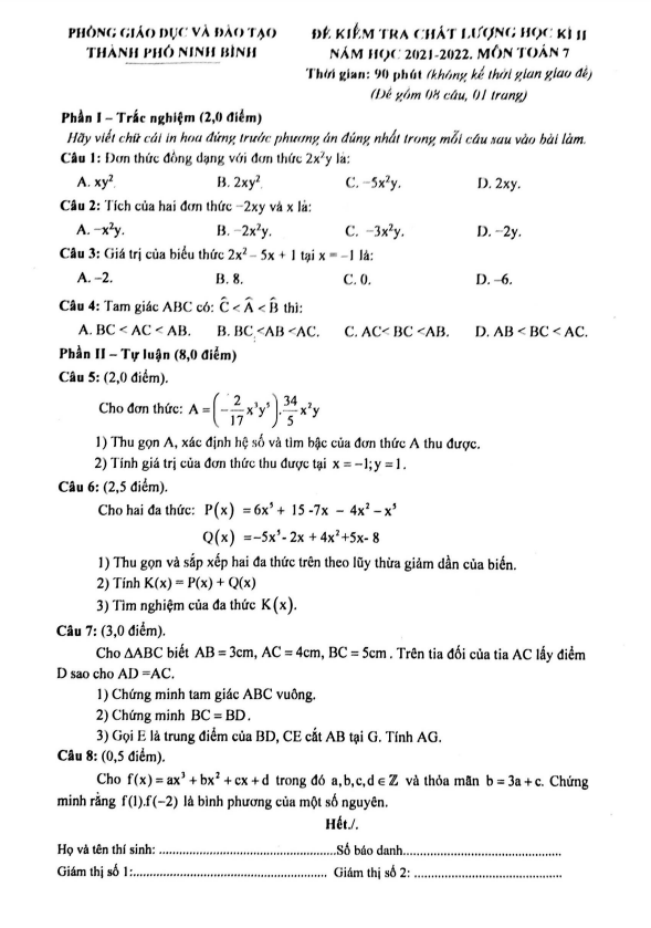 Đề học kì 2 Toán 7 năm 2021 – 2022 phòng GD&ĐT thành phố Ninh Bình