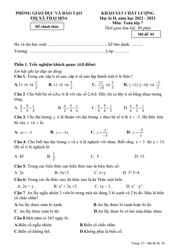 Đề học kì 2 Toán 7 năm 2022 – 2023 phòng GD&ĐT Thái Hòa – Nghệ An