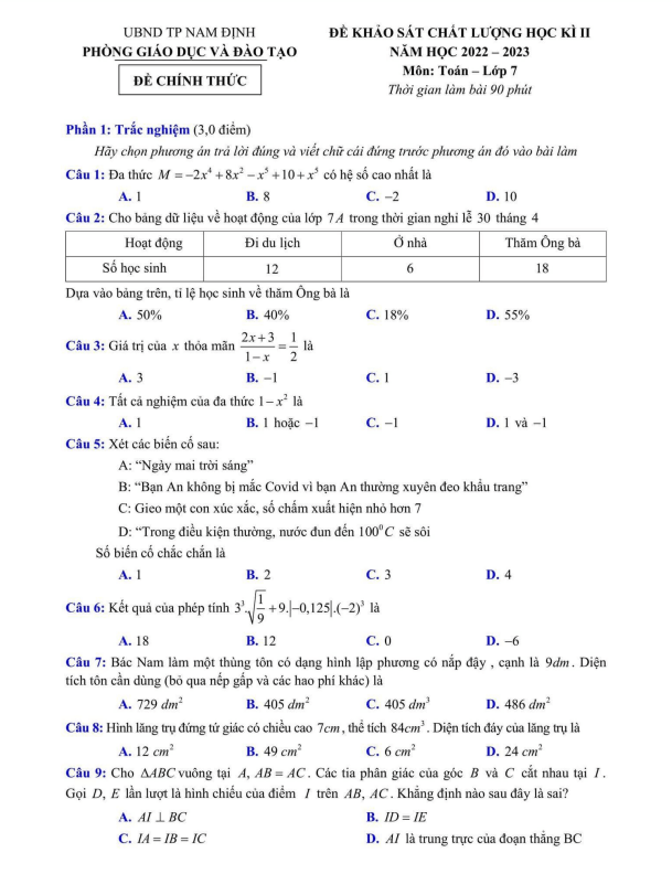 Đề học kì 2 Toán 7 năm 2022 – 2023 phòng GD&ĐT thành phố Nam Định