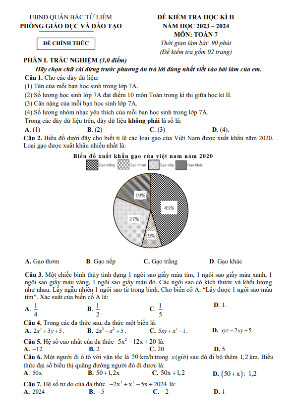 Đề học kì 2 Toán 7 năm 2023 – 2024 phòng GD&ĐT Bắc Từ Liêm – Hà Nội