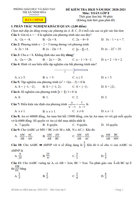 Đề học kì 2 Toán 8 năm 2020 – 2021 phòng GD&ĐT thị xã Ninh Hòa – Khánh Hòa