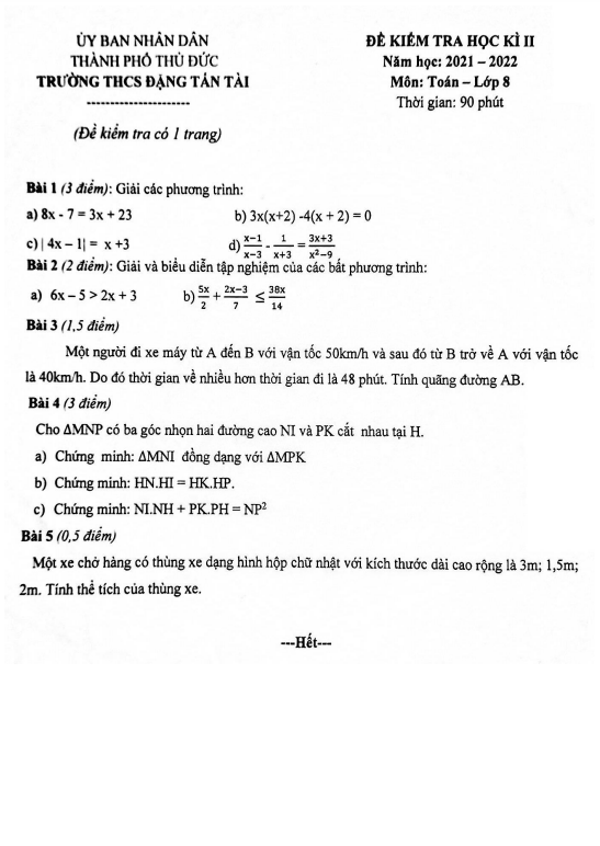 Đề học kì 2 Toán 8 năm 2021 – 2022 trường THCS Đặng Tấn Tài – TP HCM