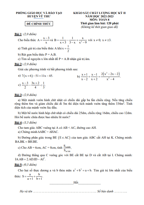 Đề học kì 2 Toán 8 năm 2022 – 2023 phòng GD&ĐT Vũ Thư – Thái Bình