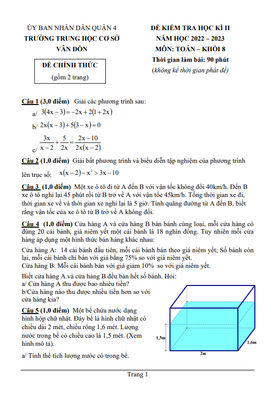 Đề học kì 2 Toán 8 năm 2022 – 2023 trường THCS Vân Đồn – TP HCM