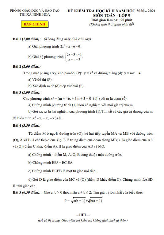 Đề học kì 2 Toán 9 năm 2020 – 2021 phòng GD&ĐT thị xã Ninh Hòa – Khánh Hòa