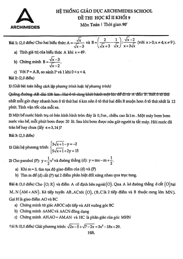 Đề học kì 2 Toán 9 năm 2021 – 2022 hệ thống giáo dục Archimedes School – Hà Nội