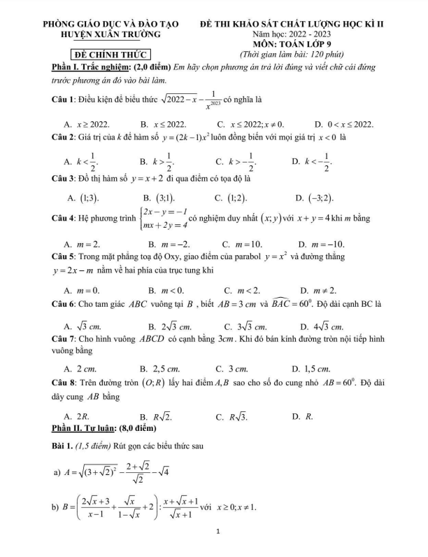 Đề học kì 2 Toán 9 năm 2022 – 2023 phòng GD&ĐT Xuân Trường – Nam Định