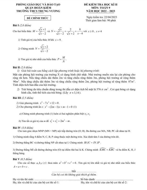 Đề học kì 2 Toán 9 năm 2022 – 2023 trường THCS Trưng Vương – Hà Nội