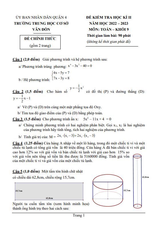 Đề học kì 2 Toán 9 năm 2022 – 2023 trường THCS Vân Đồn – TP HCM