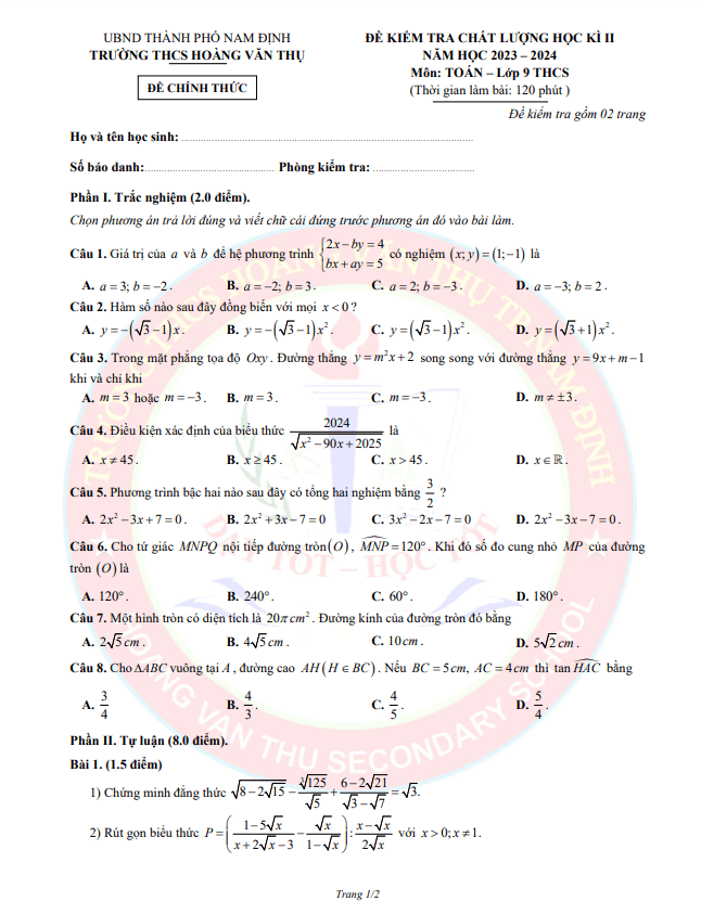 Đề học kì 2 Toán 9 năm 2023 – 2024 trường THCS Hoàng Văn Thụ – Nam Định