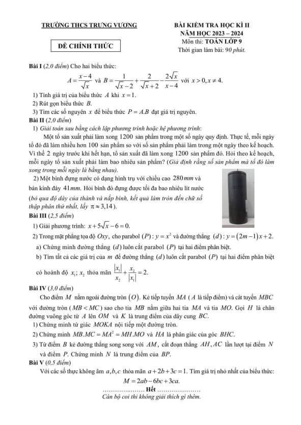 Đề học kì 2 Toán 9 năm 2023 – 2024 trường THCS Trưng Vương – Hà Nội