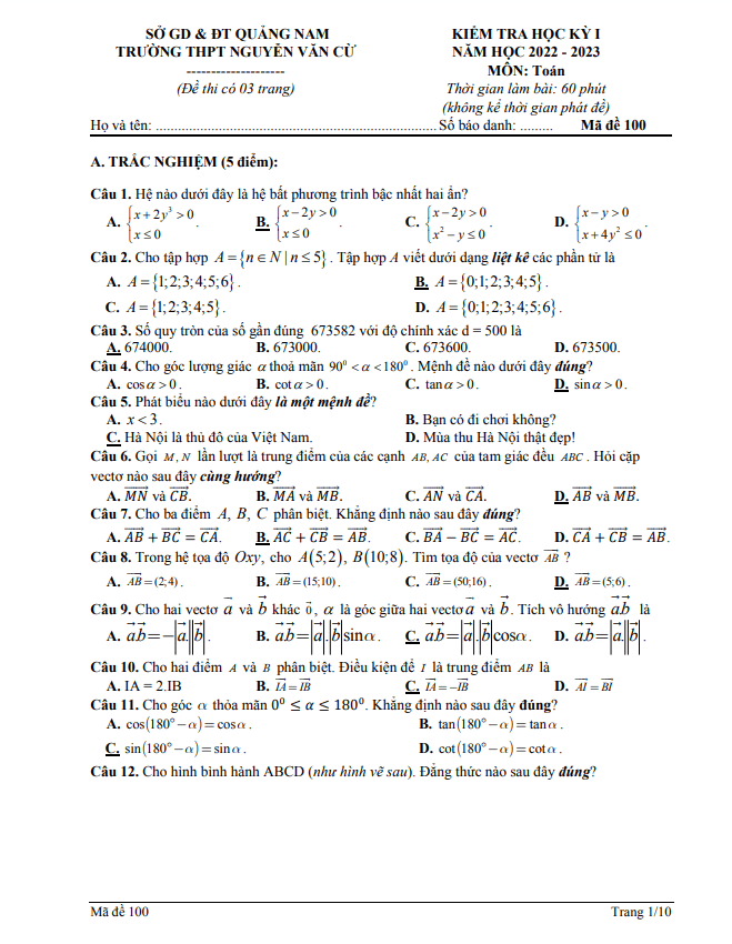 Đề học kỳ 1 Toán 10 năm 2022 – 2023 trường THPT Nguyễn Văn Cừ – Quảng Nam