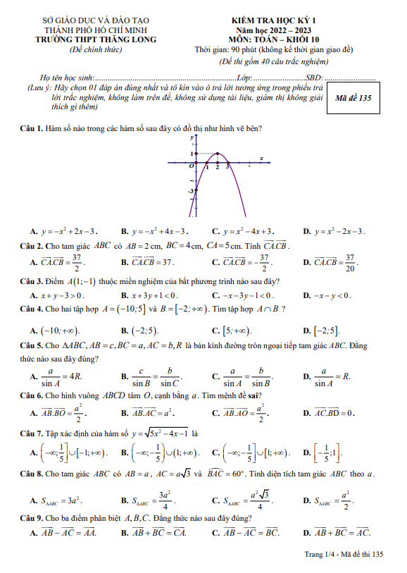 Đề học kỳ 1 Toán 10 năm 2022 – 2023 trường THPT Thăng Long – TP HCM