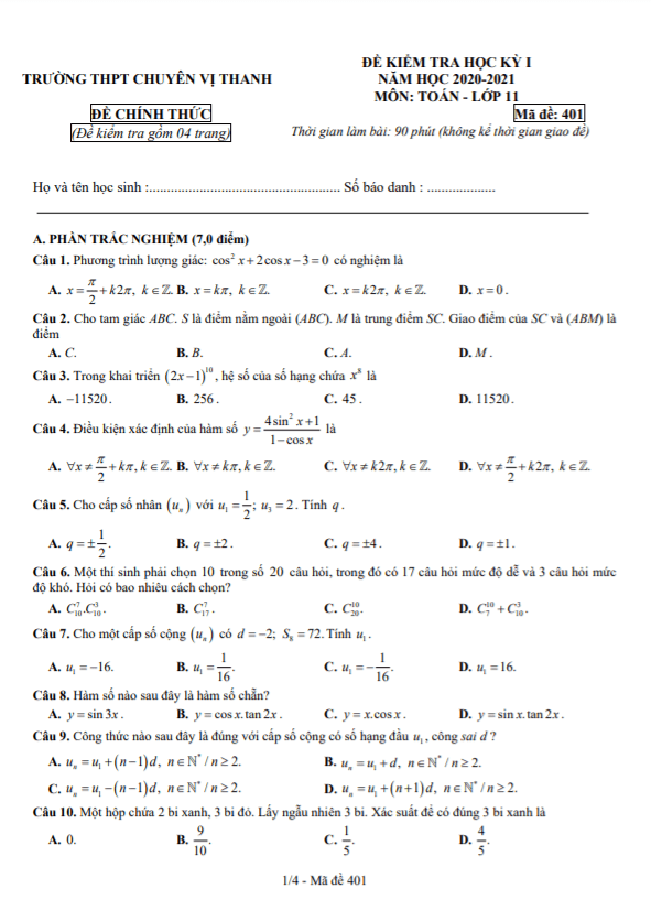 Đề học kỳ 1 Toán 11 năm 2020 – 2021 trường THPT chuyên Vị Thanh – Hậu Giang