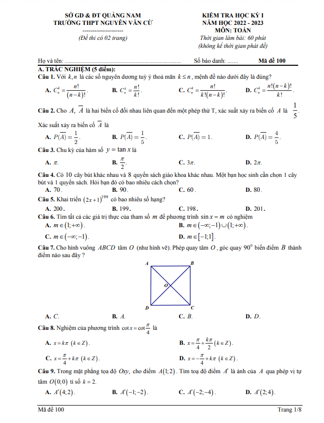 Đề học kỳ 1 Toán 11 năm 2022 – 2023 trường THPT Nguyễn Văn Cừ – Quảng Nam
