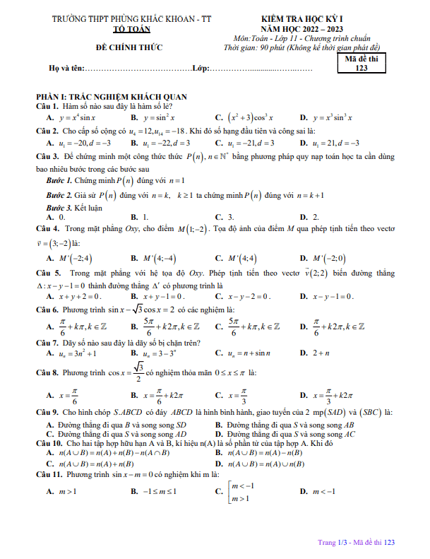 Đề học kỳ 1 Toán 11 năm 2022 – 2023 trường THPT Phùng Khắc Khoan – Hà Nội