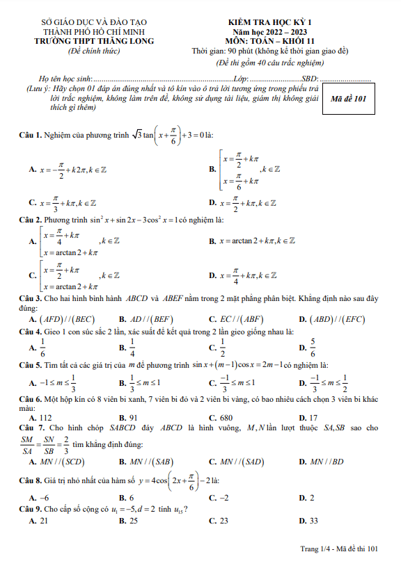 Đề học kỳ 1 Toán 11 năm 2022 – 2023 trường THPT Thăng Long – TP HCM