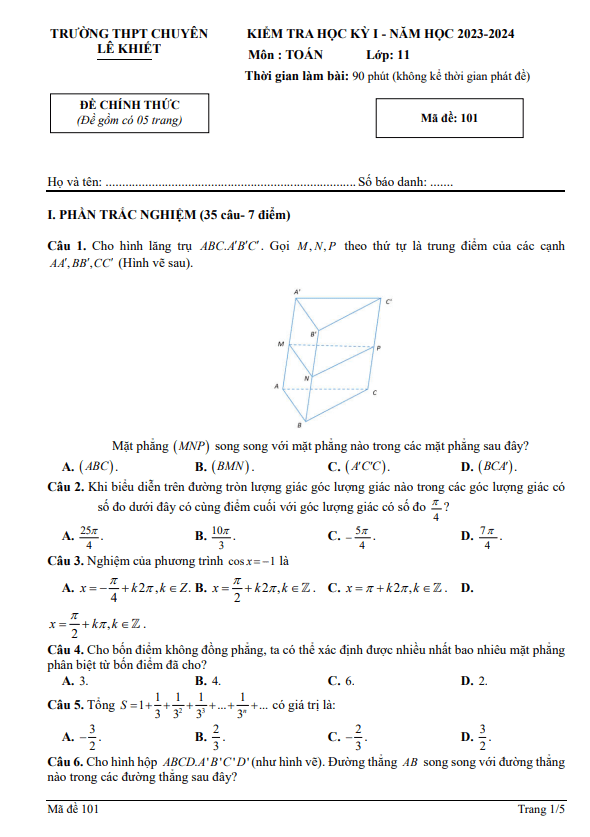 Đề học kỳ 1 Toán 11 năm 2023 – 2024 trường chuyên Lê Khiết – Quảng Ngãi