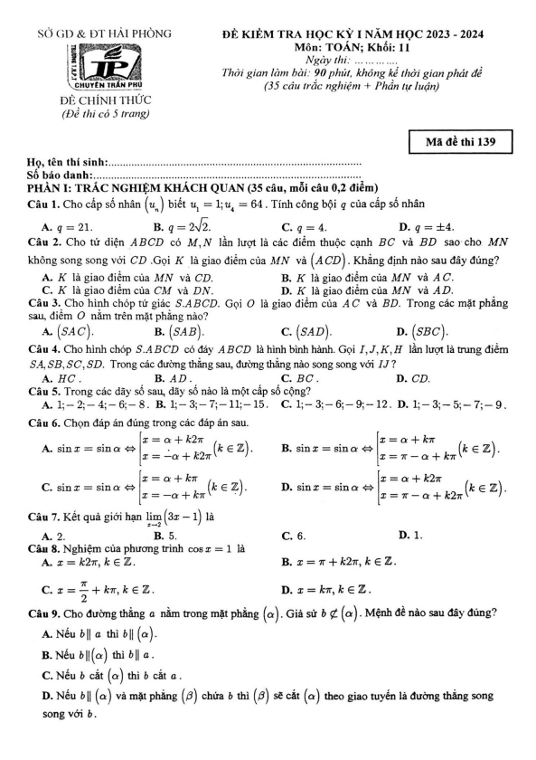 Đề học kỳ 1 Toán 11 năm 2023 – 2024 trường chuyên Trần Phú – Hải Phòng