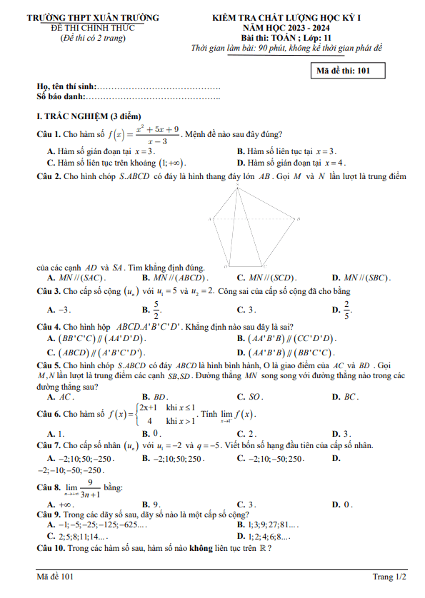 Đề học kỳ 1 Toán 11 năm 2023 – 2024 trường THPT Xuân Trường – Nam Định