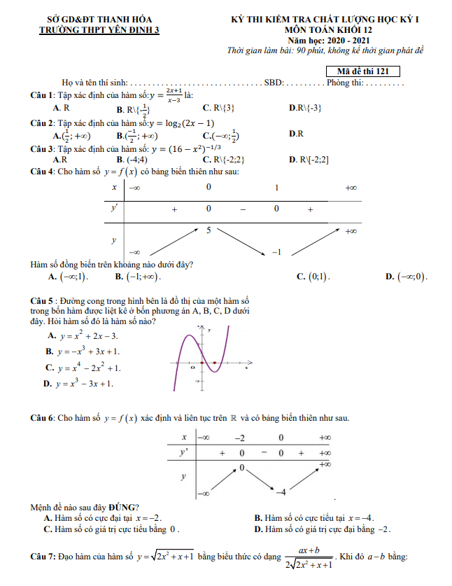 Đề học kỳ 1 Toán 12 năm 2020 – 2021 trường THPT Yên Định 3 – Thanh Hóa
