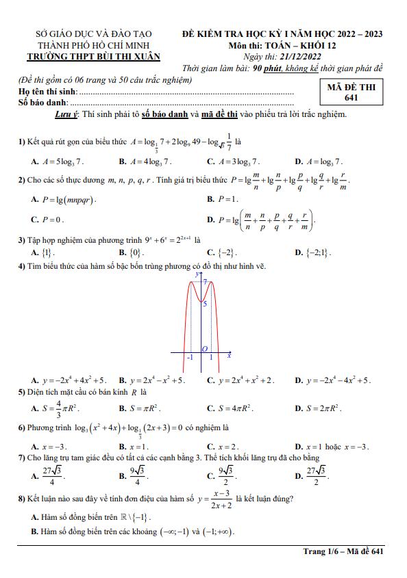 Đề học kỳ 1 Toán 12 năm 2022 – 2023 trường THPT Bùi Thị Xuân – TP HCM